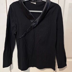 Temperley London Black Long Sleeve Top with Satin V-neck Detail